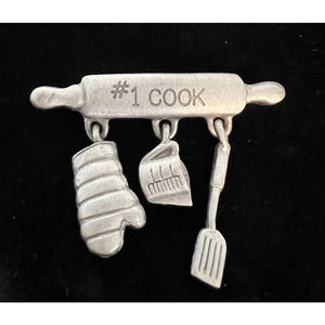 VTG "Spoont" Pewter Brooch #1 Cook Kitchen Oven Mitt Measuring Cup Spatula USA